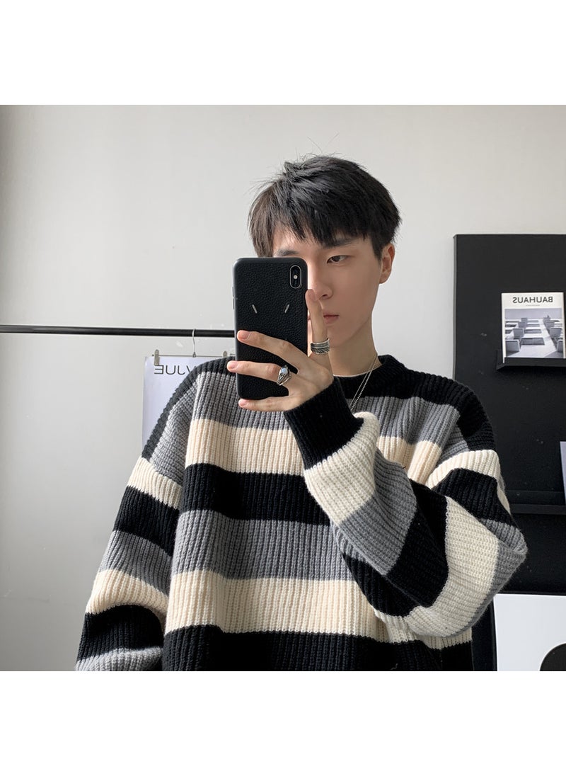 Generic - Base Round Neck Wool Clothes Color Blocking Sweater Trendy Men Casual Autumn Winter Loose Style Long Sleeve Shirt Brown - Image 1