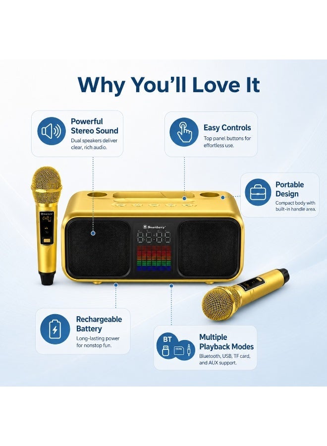 Smartbarry S39 Pro Party Karaoke Speaker System – Dual Wireless Microphones, Bluetooth 5.3 Speaker, RGB Lights, Heavy Bass Stereo, USB/TF/AUX Support, Rechargeable Portable Entertainment Speaker - Image 2