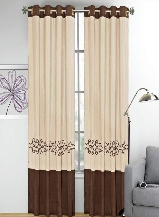 WPM WORLD PRODUCTS MART WPM WORLD PRODUCTS MART 2 Pieces Curtain Set Beige Brown Gold Luxury Embroidery Panels Grommets Drapes- Yasmen (Curtain Set) - Image 1