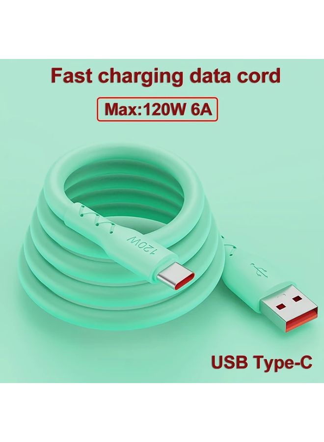 كابل USB-C أخضر بطول 1 متر، شحن سريع بقدرة 120 واط و 6 أمبير، مزامنة بيانات بتقنية PD و QC، مصنوع من السيليكون السائل. - Image 1