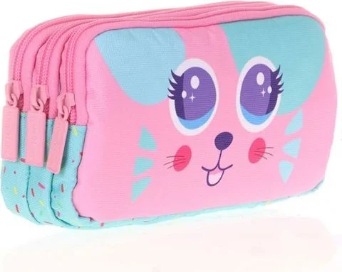 KAUKKO Kids&love 3 Compartment Cute Face Cat Pencil Bag L8118