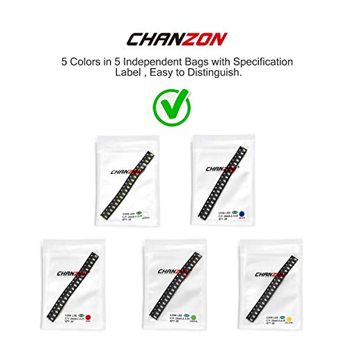 CHANZON (5 Colors x 20 pcs = 100 pcs 1206 SMD LED Diode Lights Assorted Kit (Mini Chip 3.2mm x 1.6mm for PCB DC 20mA) Super Bright Lighting Bulb Lamps Electronics Components Light Emitting Diodes - Image 4