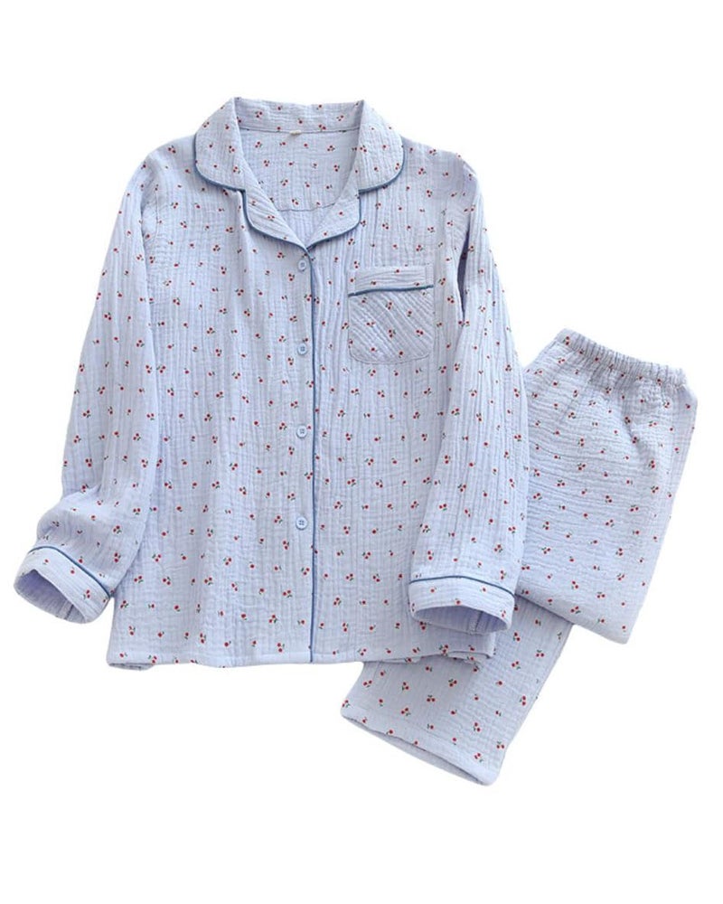 codcm Womens Cotton Gauze Pajama Set Long Sleeve Button Up Shirt and Pants 2 Piece Cute Printed Pj Set - Image 1