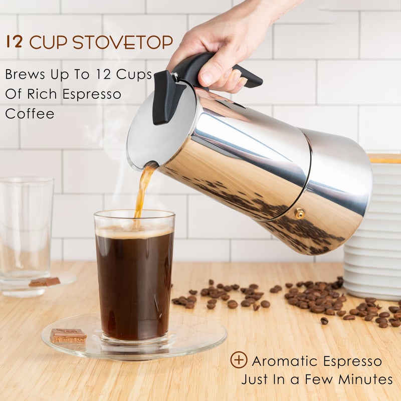 Mixpresso 12 Cup Greca Stovetop Espresso Pot 600ml/20oz, Moka Pot with Coffee Percolator Design, Stainless Steel Stove Top Coffee Maker for Camping or Home Use,Italian Stovetop Espresso Maker - Image 2