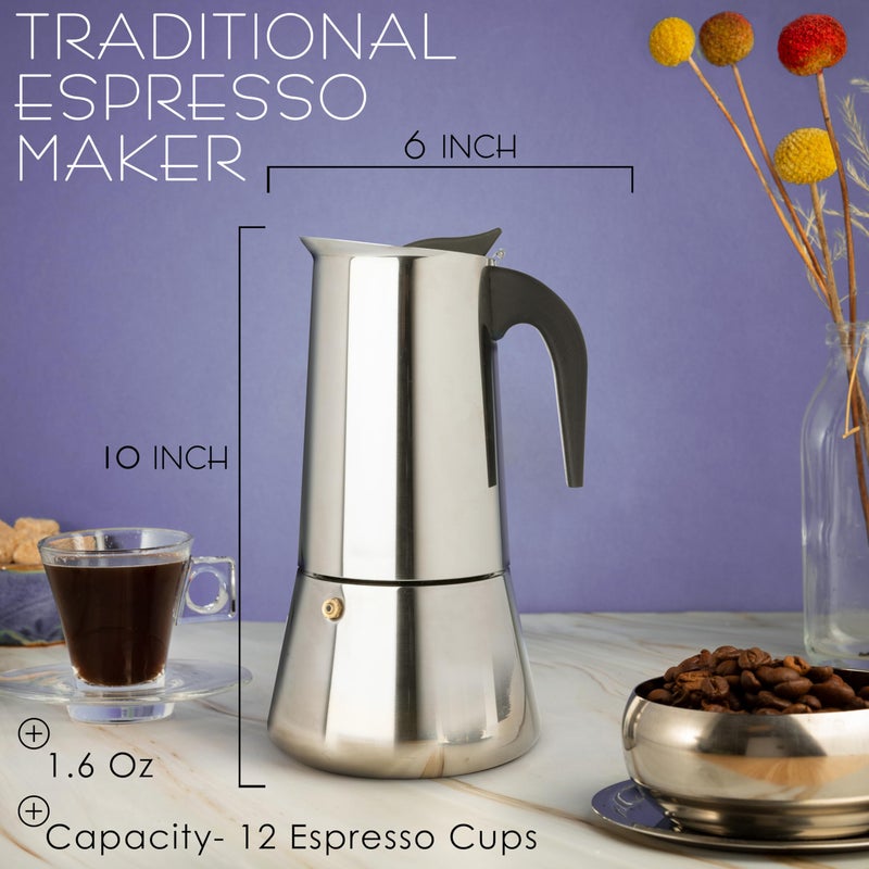 Mixpresso 12 Cup Greca Stovetop Espresso Pot 600ml/20oz, Moka Pot with Coffee Percolator Design, Stainless Steel Stove Top Coffee Maker for Camping or Home Use,Italian Stovetop Espresso Maker - Image 4