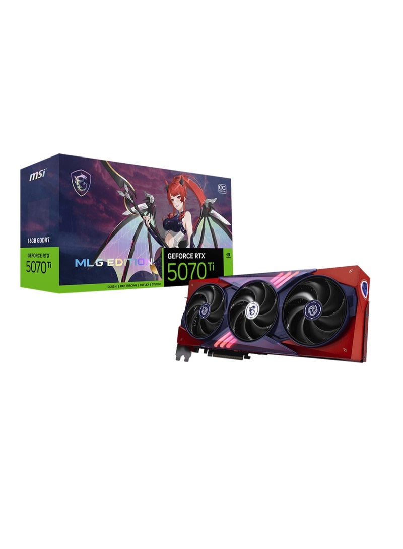 إم اس أي بطاقة الرسوميات MSI GeForce RTX 5070 Ti MLG Edition OC سعة 16GB GDDR7، PCIe 5.0، 8960 نواة CUDA، تعزيز 2580MHz، 256-بت، HDMI 2.1b + 3×DP 2.1b، دعم 8K، 300W، ATX 3.1 16-Pin، RGB، G-SYNC، DLSS 4، بنية Blackwell | 912-V531-601 - Image 1