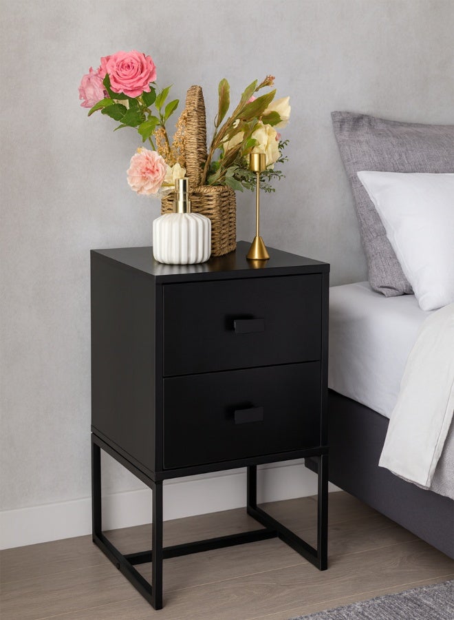 أولييرو طاولة جانبية ونايت ستاند مع درجين واسعَين – طاولة نهاية سرير باللون الأسود، دولاب صغير لغرفة النوم، غرفة المعيشة أو المنزل، 30 × 30 × 47 سم - Image 1