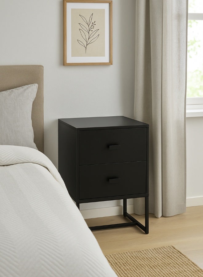 أولييرو طاولة جانبية ونايت ستاند مع درجين واسعَين – طاولة نهاية سرير باللون الأسود، دولاب صغير لغرفة النوم، غرفة المعيشة أو المنزل، 30 × 30 × 47 سم - Image 2