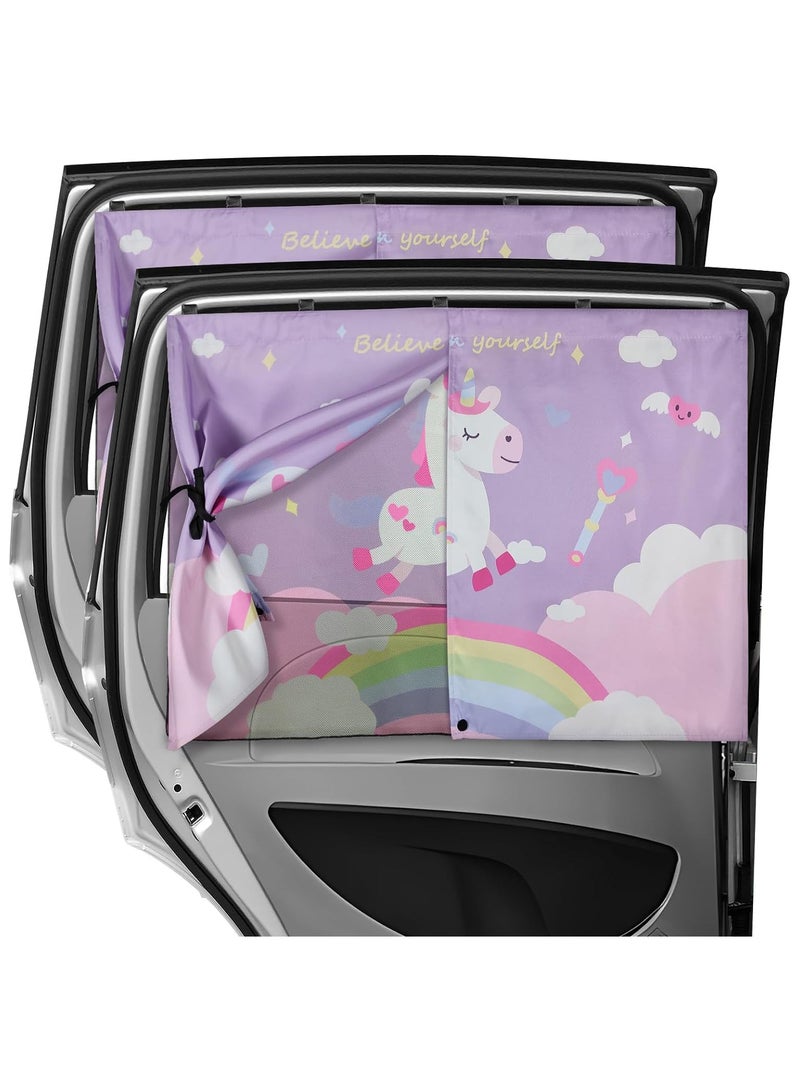 AUTOYSUR 2 Pack Car Window Shade for Baby, Magnetic Double Layer Car Sun Shade for Side Windows Full Shade & Half Shade Options Cartoon Patterns Car Window Curtain for Heat/UV Protection, Purple-Unicorn - Image 1