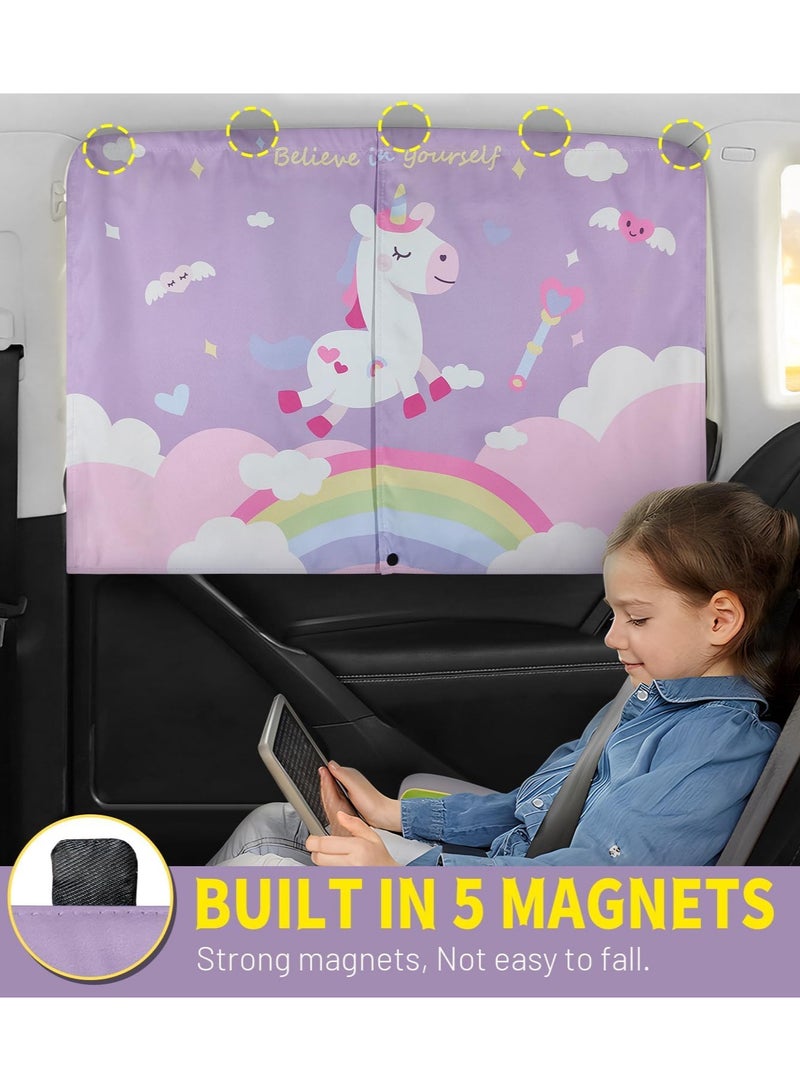 AUTOYSUR 2 Pack Car Window Shade for Baby, Magnetic Double Layer Car Sun Shade for Side Windows Full Shade & Half Shade Options Cartoon Patterns Car Window Curtain for Heat/UV Protection, Purple-Unicorn - Image 2