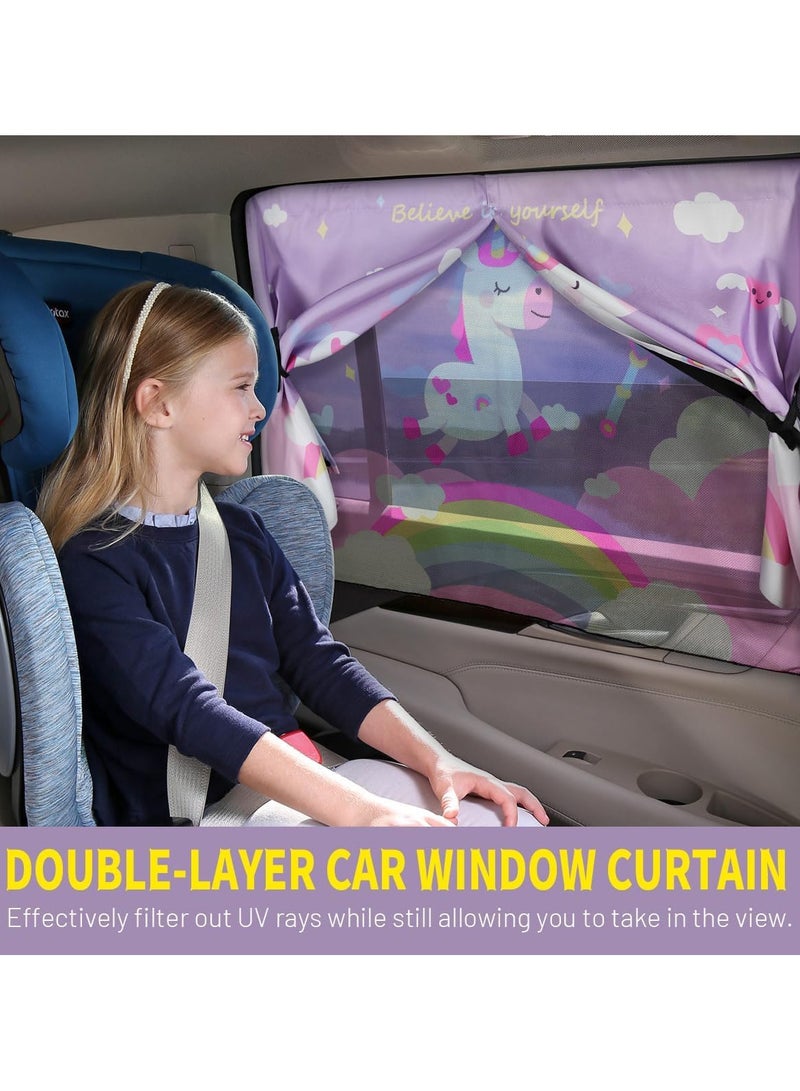AUTOYSUR 2 Pack Car Window Shade for Baby, Magnetic Double Layer Car Sun Shade for Side Windows Full Shade & Half Shade Options Cartoon Patterns Car Window Curtain for Heat/UV Protection, Purple-Unicorn - Image 3
