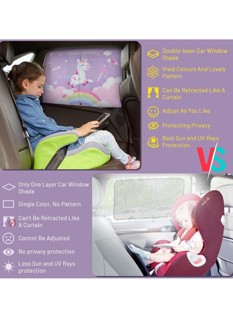 AUTOYSUR 2 Pack Car Window Shade for Baby, Magnetic Double Layer Car Sun Shade for Side Windows Full Shade & Half Shade Options Cartoon Patterns Car Window Curtain for Heat/UV Protection, Purple-Unicorn - Image 4