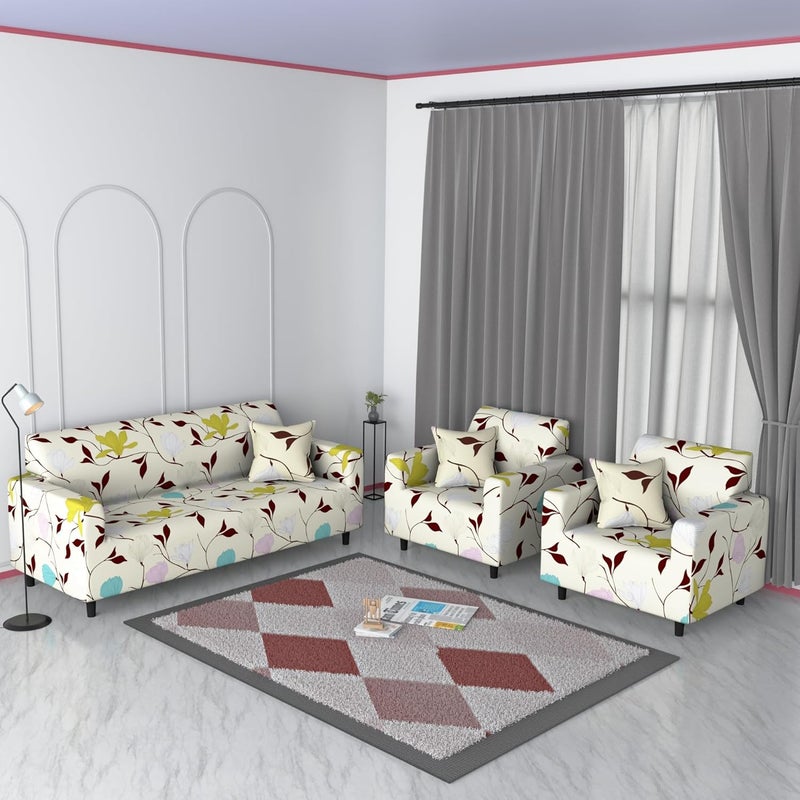 B BESTILO Sofa Cover 3 Seater and 2 Seater Fully Covered Universal 5 Seater Sofa Cover NonSlip Sticky Elastic Stretchable Sofa Set Slipcoverwith Cousion Cover Cream Brown Leaf Five Seater 311