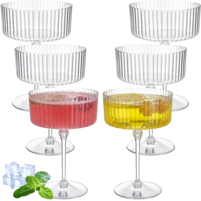 Jingmore 6 Pcs Ribbed Martini Glasses 10 oz Disposable Plastic Vintage Ribbed Coupe Glasses Unbreakable Dessert Parfait Glassware for Wedding Birthday Party Supplies (Clear)