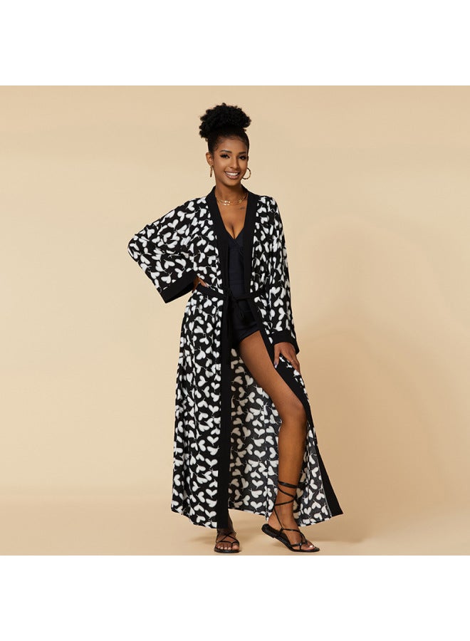 Loquat 2023 And Beach Blouse Cotton Zebra Cardigan Holiday Bikini Swimsuit Women's Beach Skirt-Color:78733-6 Black Heart- - Image 1
