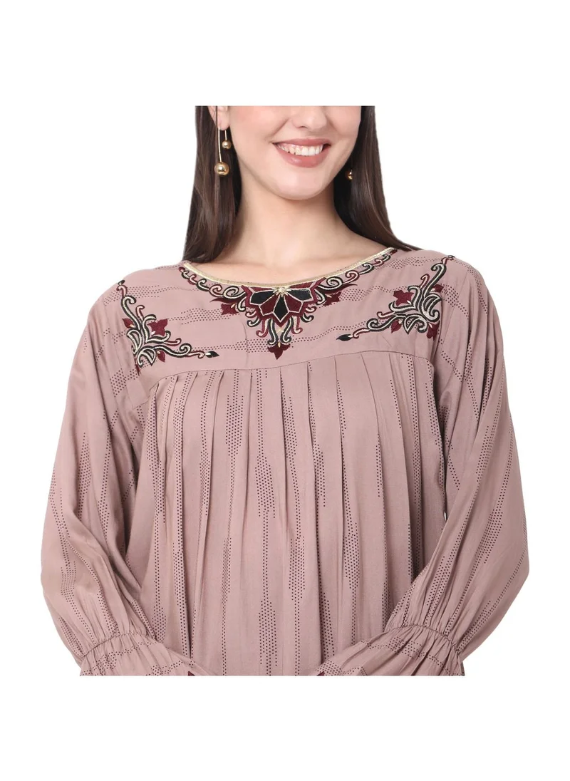 HANA & SARA PURE VISCOSE WITH PRINTED AND EMBROIDRED BROWN ARABIC JALABIYA KAFTAN DRESS