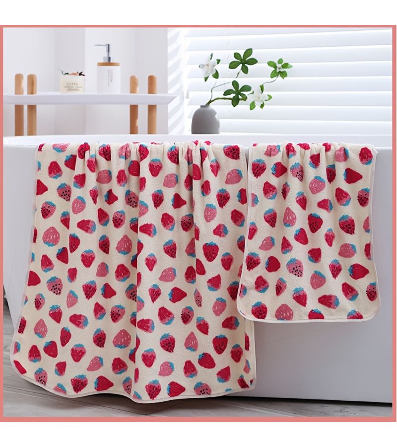 Quick Dry Coral Bath Towel Set Small Strawberry Cartoon Two Piece - Image 5