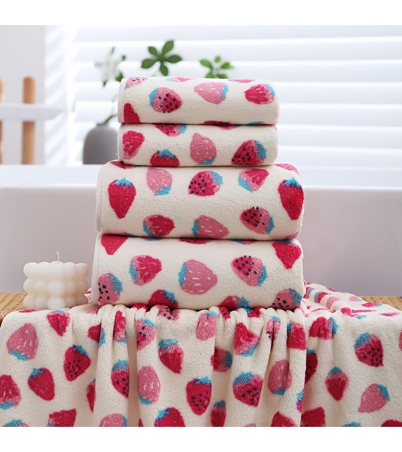 Quick Dry Coral Bath Towel Set Small Strawberry Cartoon Two Piece - Image 4