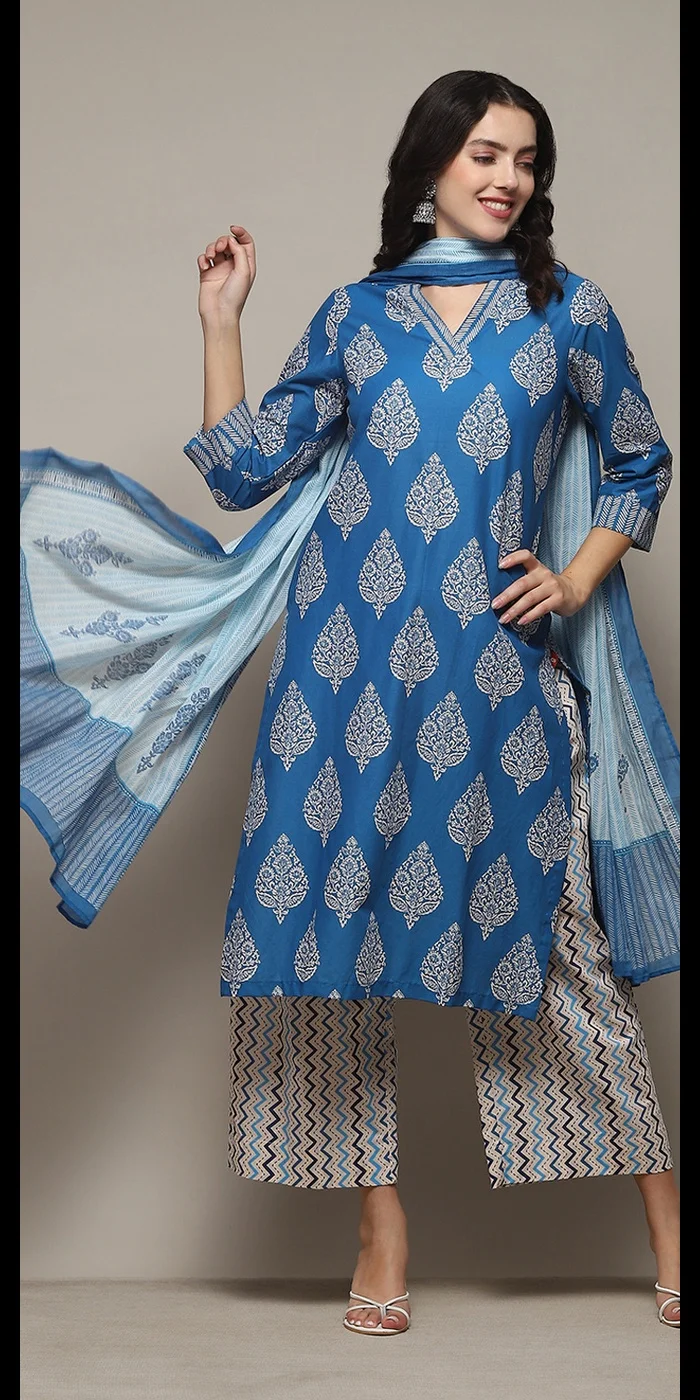 بيبا طقم بدلة بالازو باليتو القطني الأزرق الملكي المطبوع مستقيم