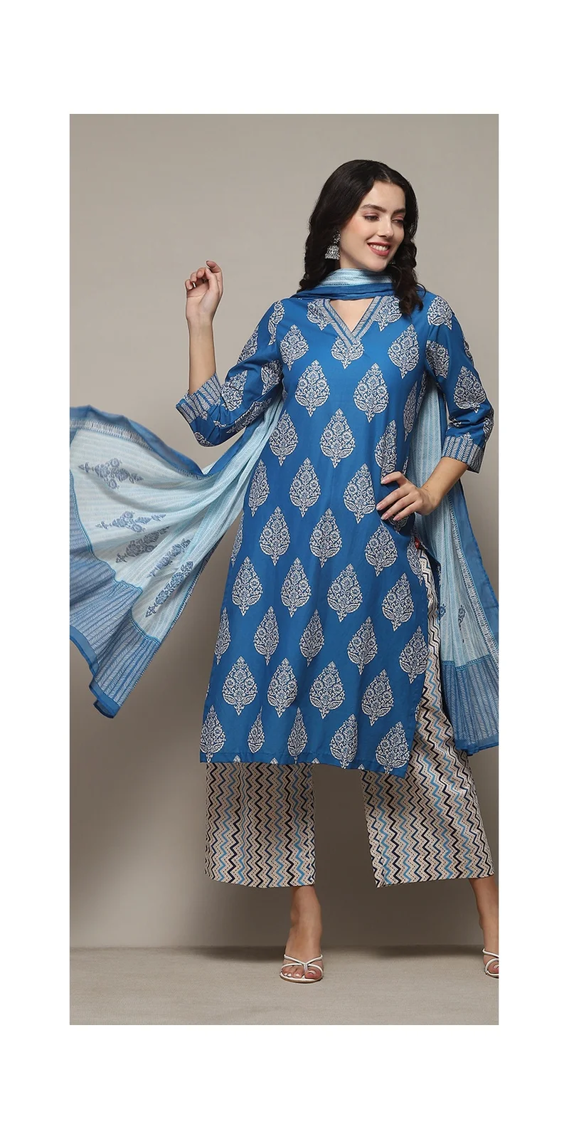 Biba Royal Blue Cotton Straight Printed Kurta Straight Palazzo Suit Set