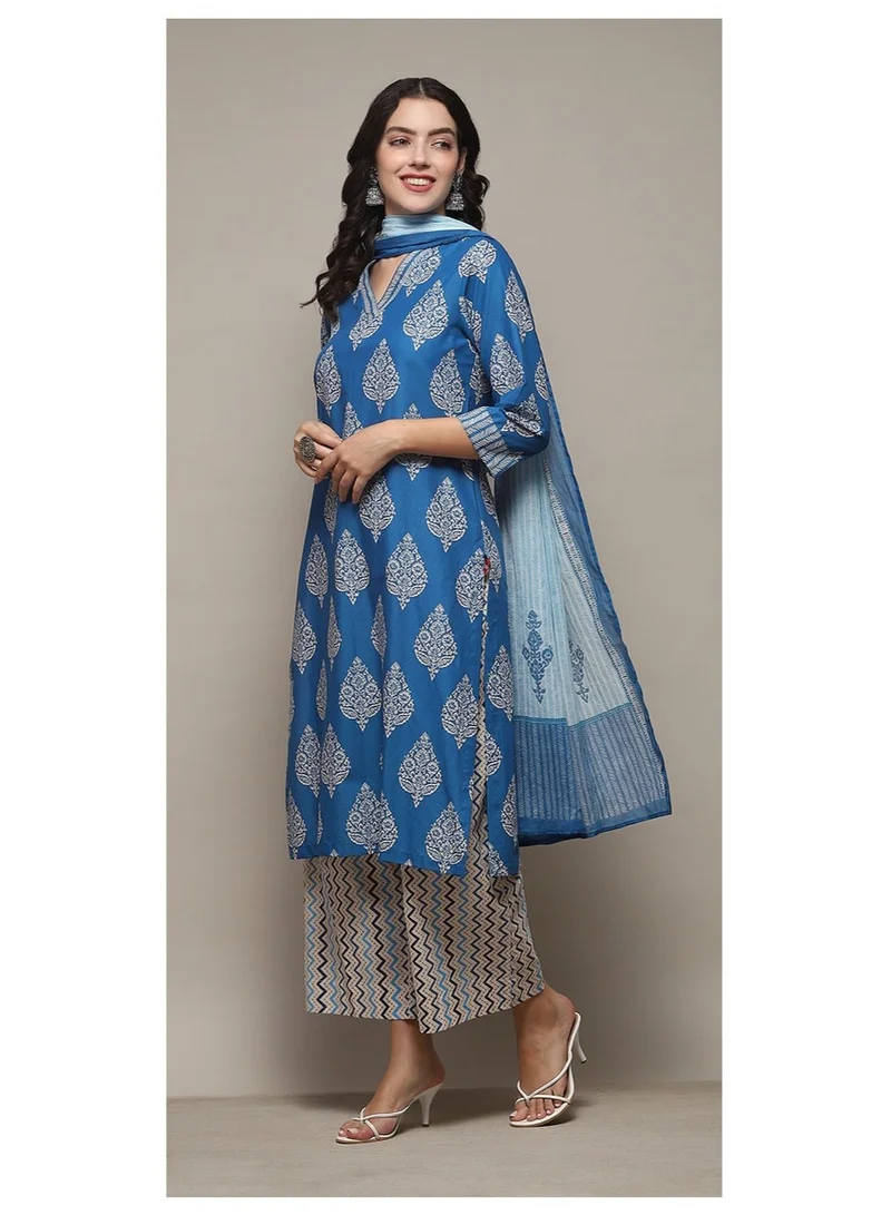 Biba  Royal Blue Cotton Straight Printed Kurta Straight Palazzo Suit Set for Women | Best Price UAE