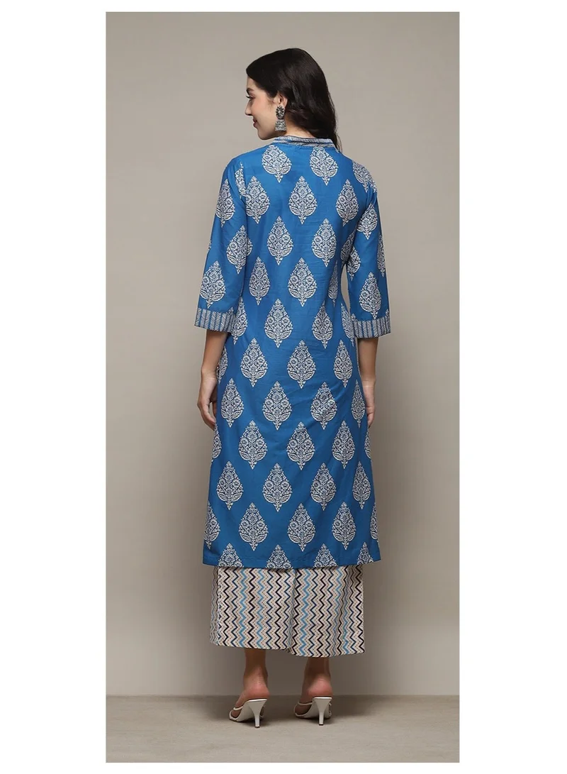 Biba  Royal Blue Cotton Straight Printed Kurta Straight Palazzo Suit Set for Women | Best Price UAE