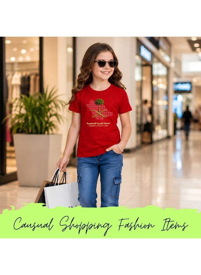 Saudi Arabia-Themed Girls Souvenir T-Shirt for Kids - Short Sleeve Round Neck Cotton Tshirt - Saudi Design with Camel - Ideal for School, Playtime - Image 5