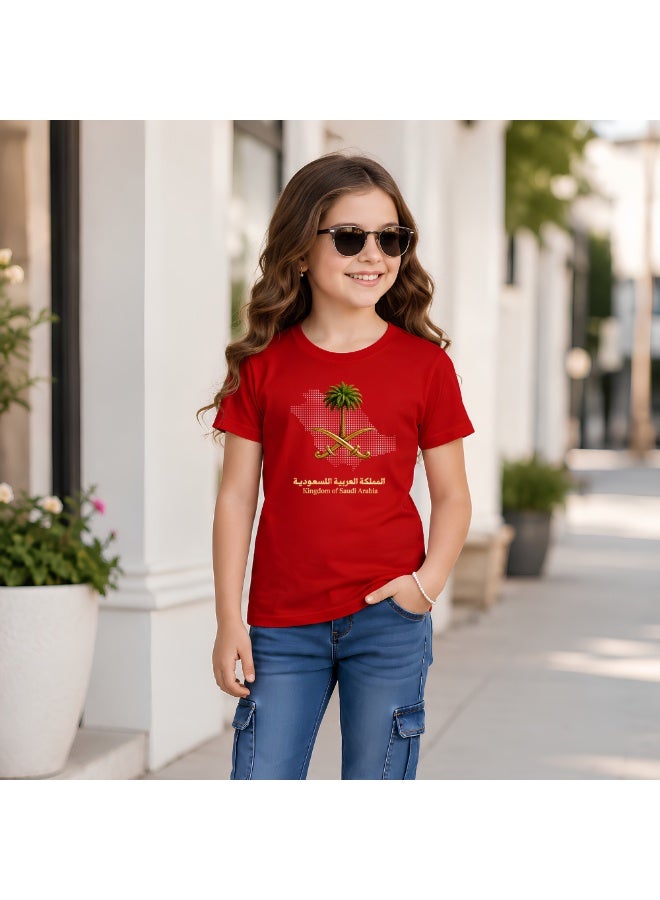 Saudi Arabia-Themed Girls Souvenir T-Shirt for Kids - Short Sleeve Round Neck Cotton Tshirt - Saudi Design with Camel - Ideal for School, Playtime - Image 3