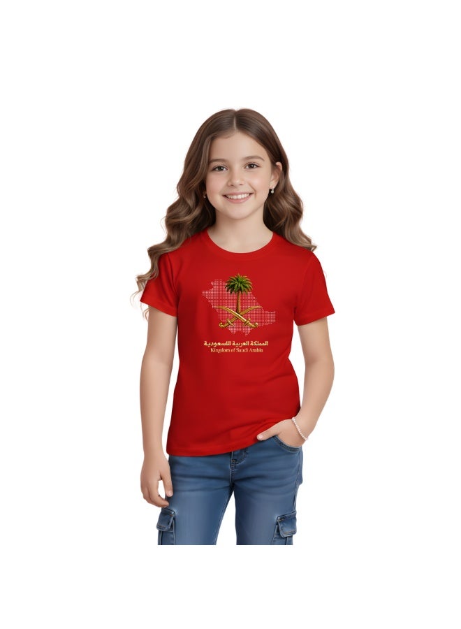 Saudi Arabia-Themed Girls Souvenir T-Shirt for Kids - Short Sleeve Round Neck Cotton Tshirt - Saudi Design with Camel - Ideal for School, Playtime - Image 1