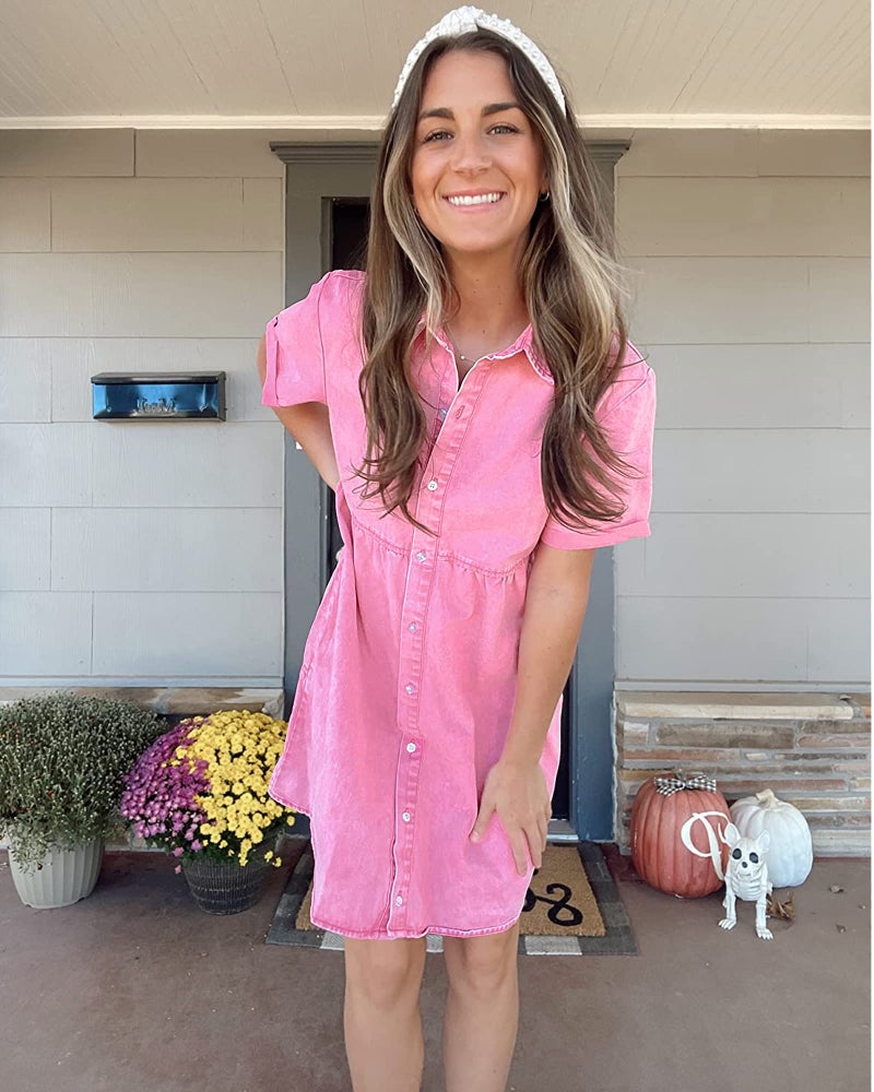 LookbookStore Summer Short Jean Dress Casual Short Sleeves Babydoll Denim Dresses for Women Valentines Day Outfits Aurora Pink Dress Size Small Size 4 6 - Image 5