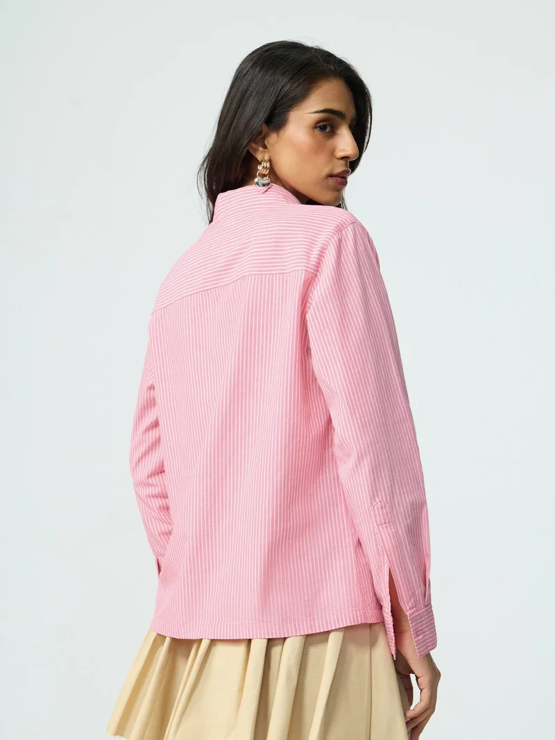 The Souled Store  The Souled Store Sakura Dust: Women and Girls Full Sleeves Collared Light Pink Striped Cotton Regular Fit Embroidered Pocket Lightweight Comfortable Winter Shirt  | Best Price UAE