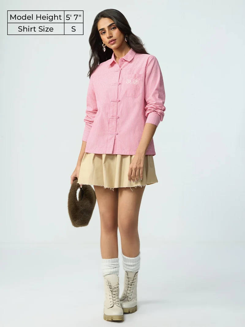 The Souled Store  The Souled Store Sakura Dust: Women and Girls Full Sleeves Collared Light Pink Striped Cotton Regular Fit Embroidered Pocket Lightweight Comfortable Winter Shirt  | Best Price UAE