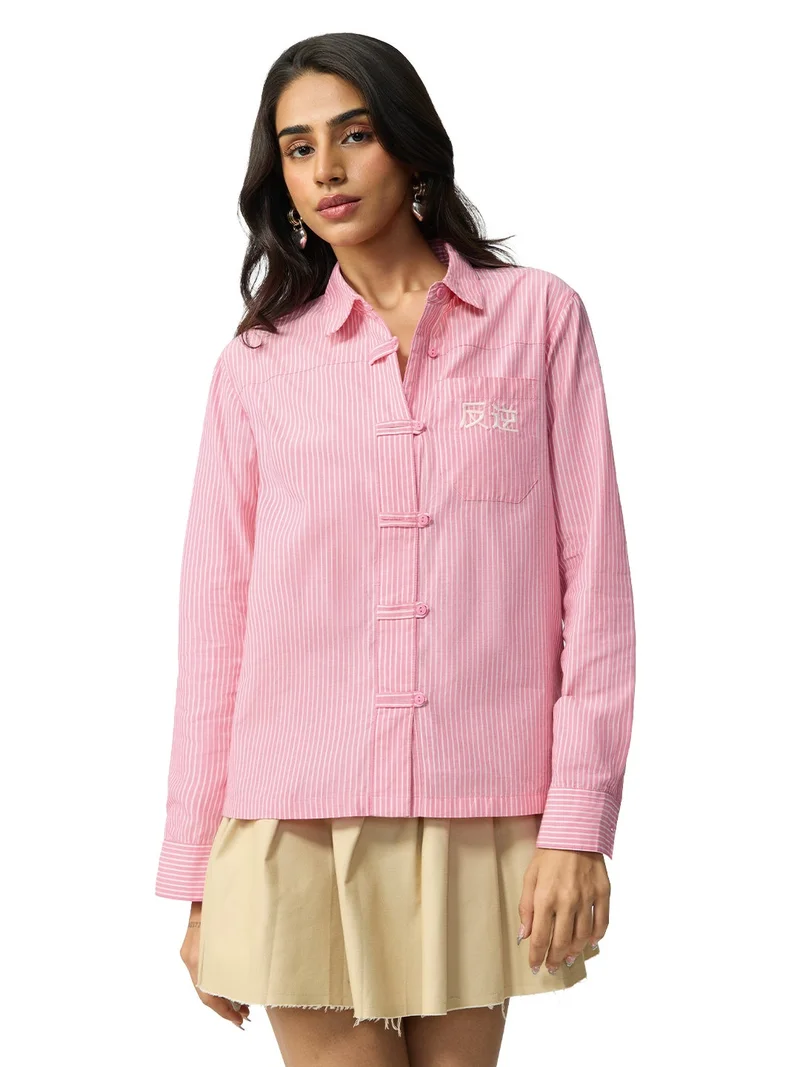 The Souled Store  The Souled Store Sakura Dust: Women and Girls Full Sleeves Collared Light Pink Striped Cotton Regular Fit Embroidered Pocket Lightweight Comfortable Winter Shirt  | Best Price UAE