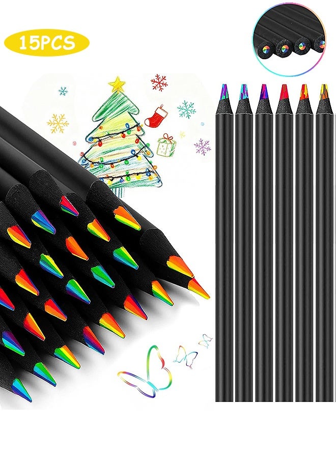 15 Pcs Rainbow Colouring Pencils 7 in 1 Black Wooden Rainbow Pencil Set for Kids Adults Drawing Colouring Sketching