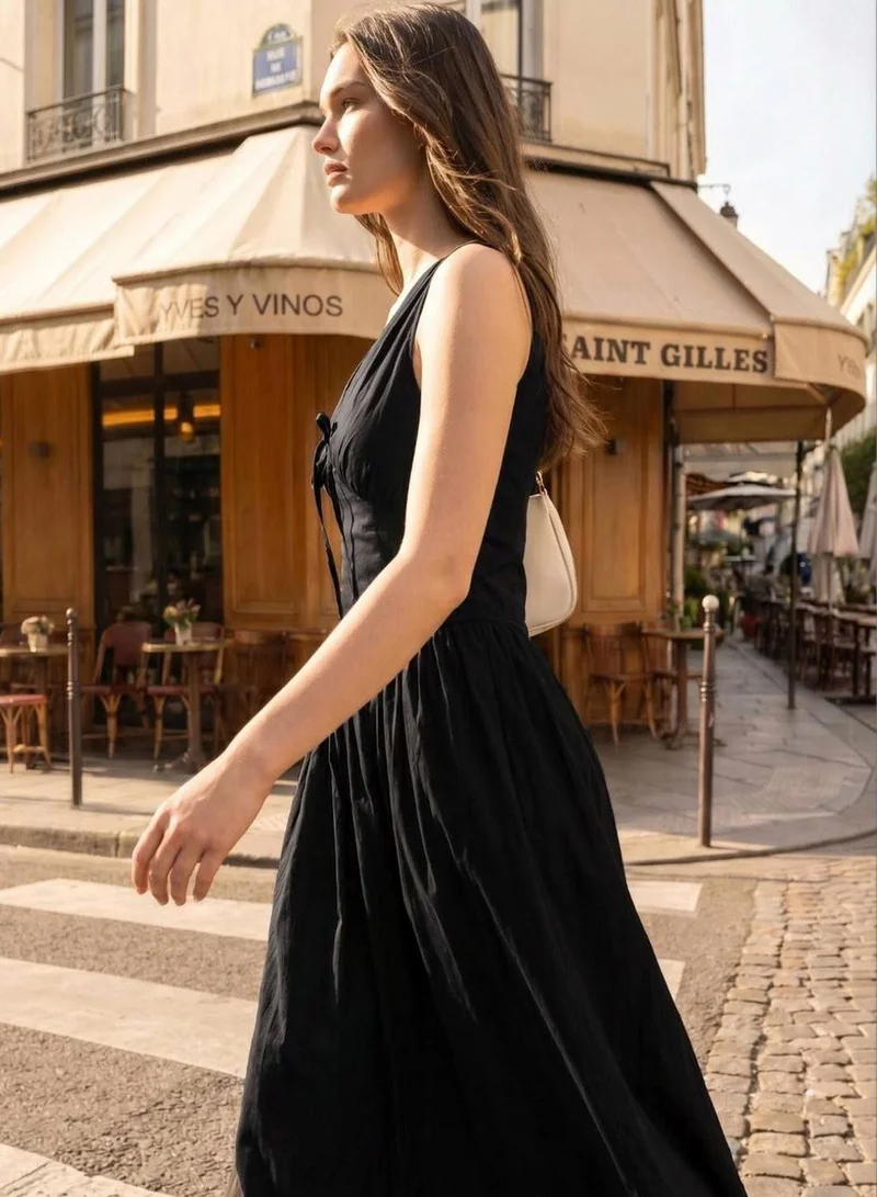 دينيس لينغو Women Black 100% Cotton Solid Midi Shift Fit And Flared Dress