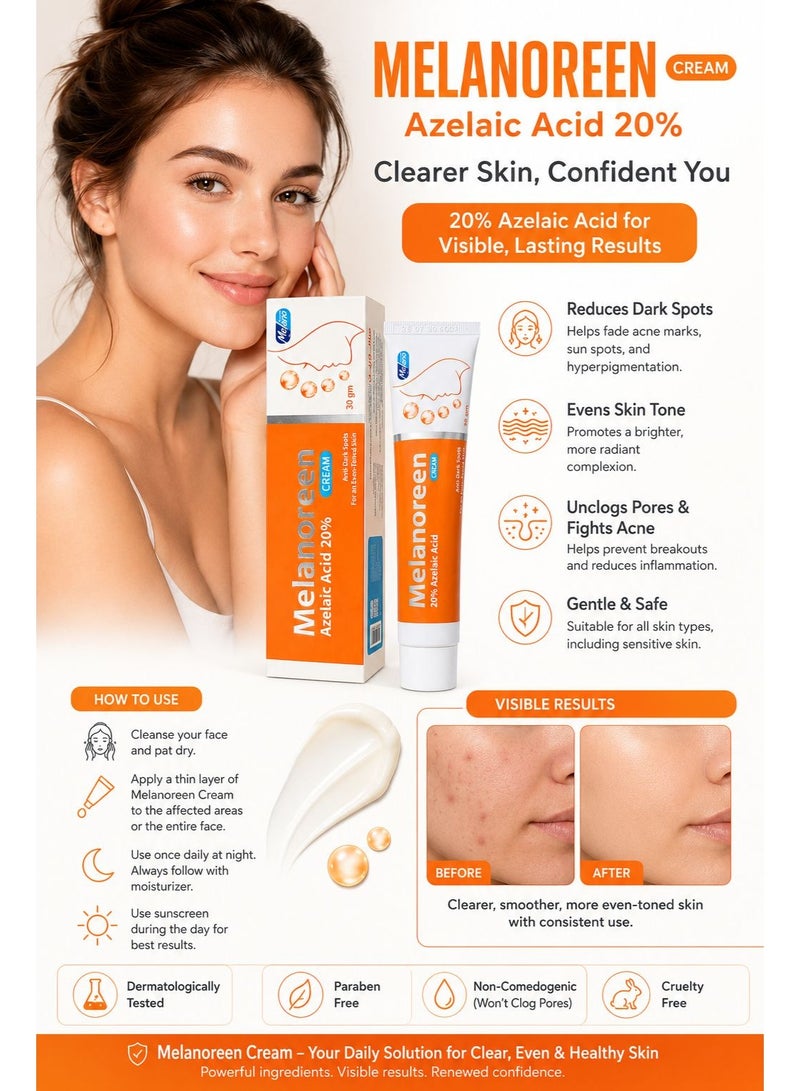 Melano Pharma Melanoreen Azelaic Acid 20% Cream for Even Skin Tone, Dark Spots & Blemish Care 30g - Image 2