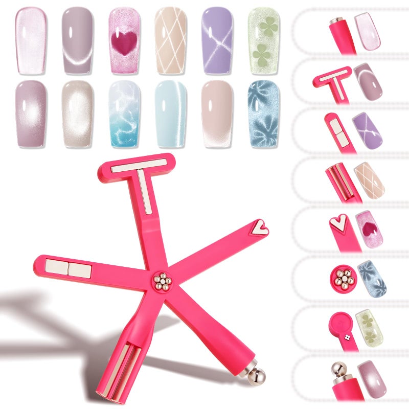 Modelones Cat Eye Gel Polish Nail Magnet, 8-in-1 Cat Eye Magnet Tool for Gel Nails Strong Magnetic Nail Art Wand with Steel Ball, Glass Bead& French Tip&Clover Cateye Multi-Effect Magnets DIY Salon - Image 1