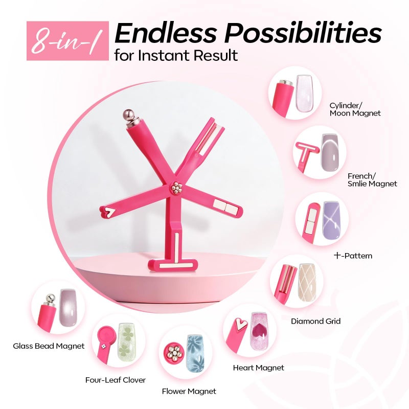Modelones Cat Eye Gel Polish Nail Magnet, 8-in-1 Cat Eye Magnet Tool for Gel Nails Strong Magnetic Nail Art Wand with Steel Ball, Glass Bead& French Tip&Clover Cateye Multi-Effect Magnets DIY Salon - Image 5