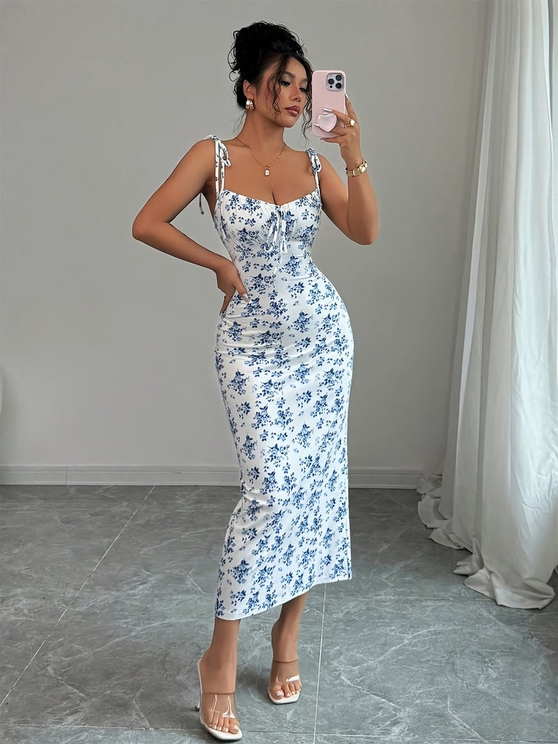 Elegant Floral Ruffled Strap Dress for Women - Image 4