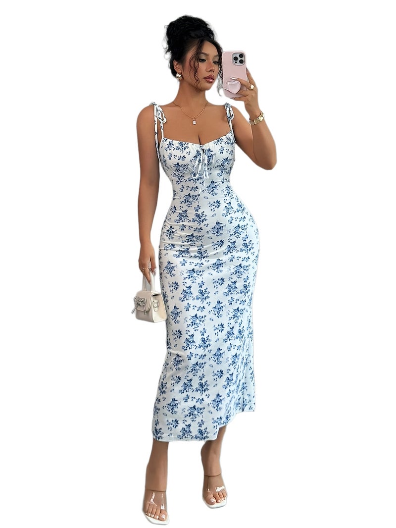 Elegant Floral Ruffled Strap Dress for Women - Image 1