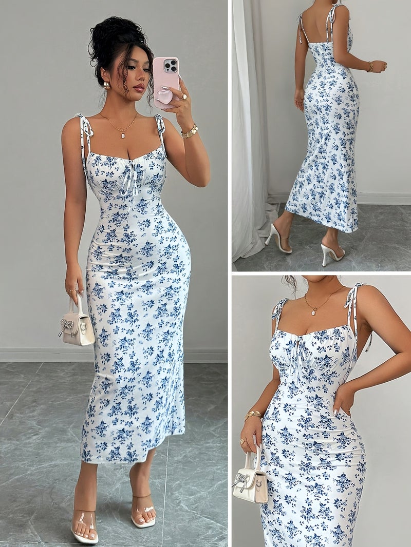 Elegant Floral Ruffled Strap Dress for Women - Image 2