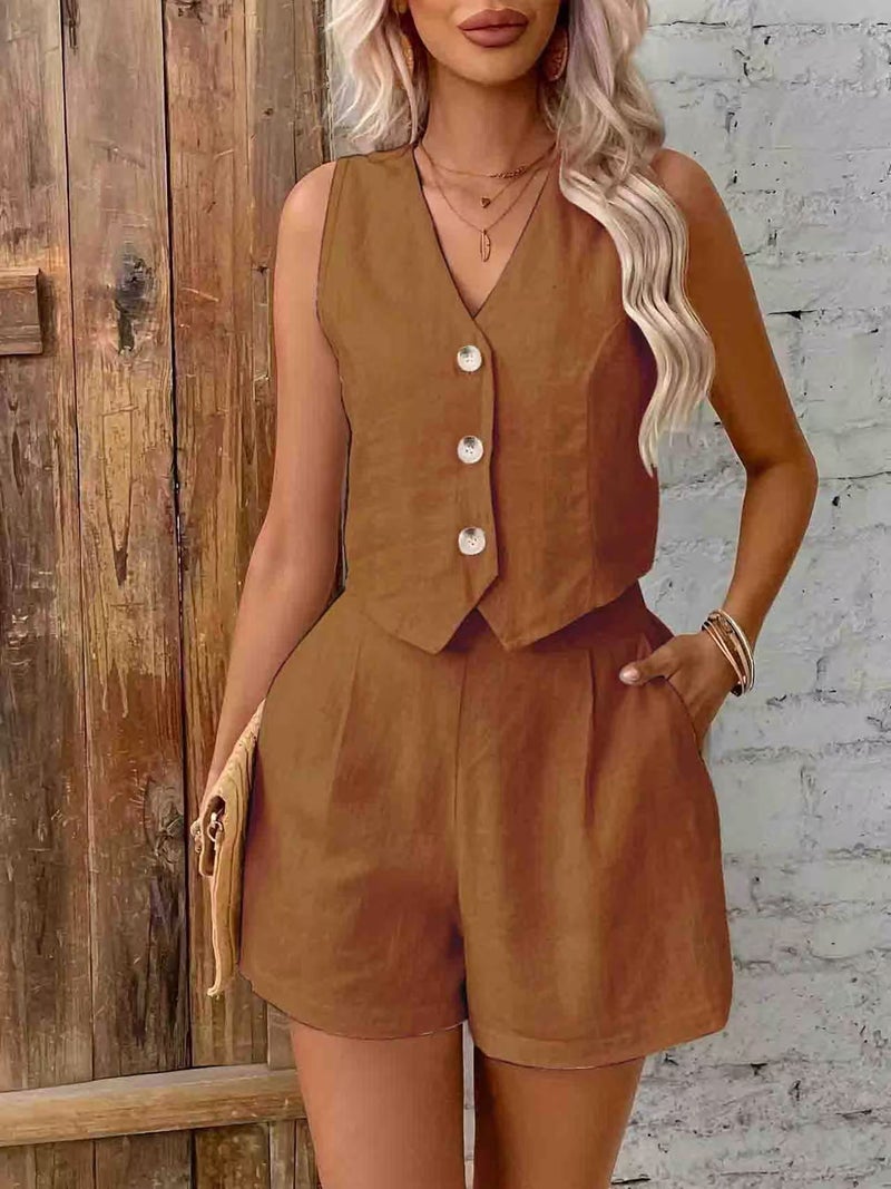 2025 European and American Spring Fashion Solid Color Outer Button Short Casual Two-piece Vest Slimming Caramel - Image 1