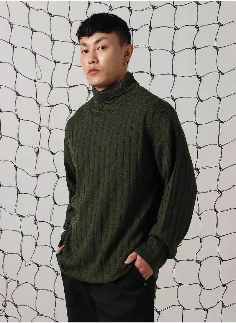 هوبرهولمي Men's Olive 100% Acrylic Solid Oversized Sweater