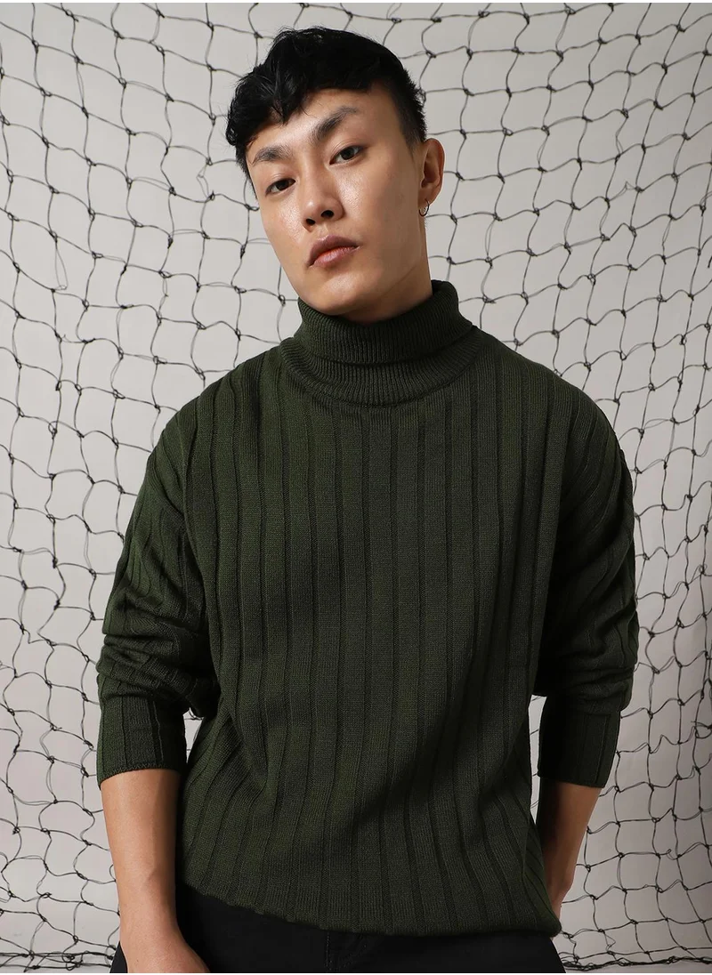 هوبرهولمي Men's Olive 100% Acrylic Solid Oversized Sweater