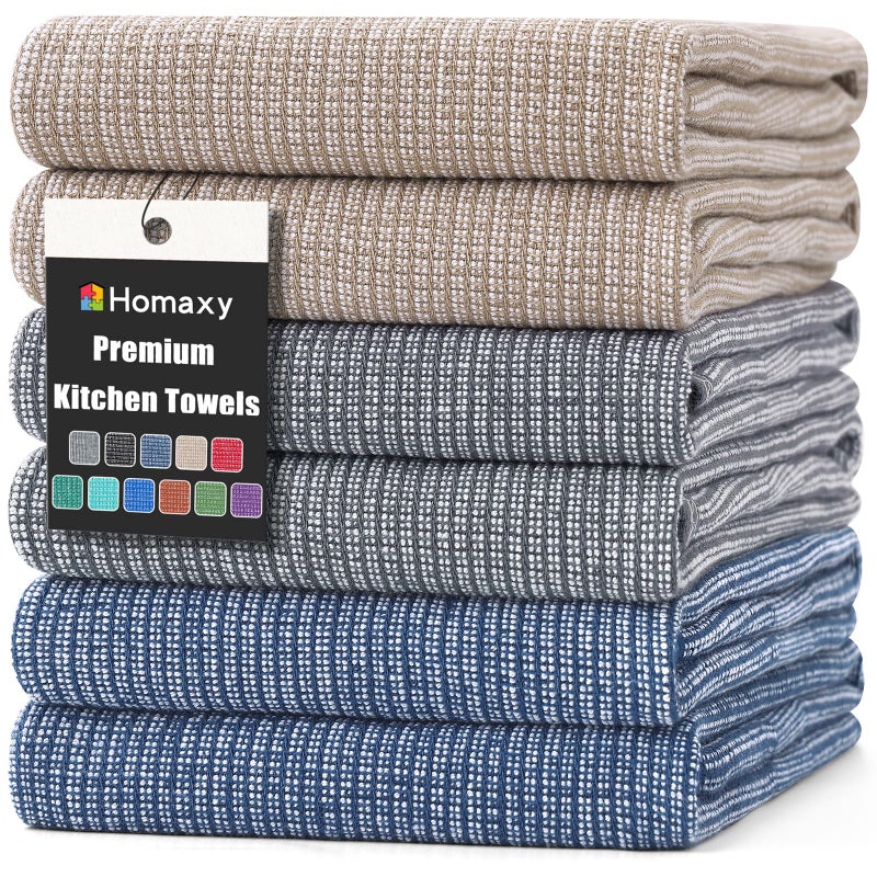 Homaxy Premium Kitchen Towels(18â€x 28â€, 6 Pack), Large Cotton Kitchen Hand Towels, Flat and Terry Dish Towels, 380 GSM Highly Absorbent Tea Towel Set with Hanging Loop, Multicolor - Image 1