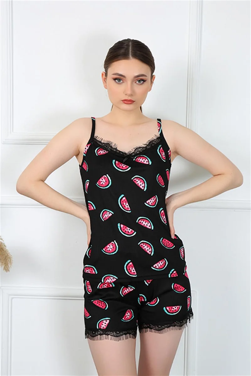 Akbeniz Women's Rope Strap Watermelon Patterned Shorts Set 3600