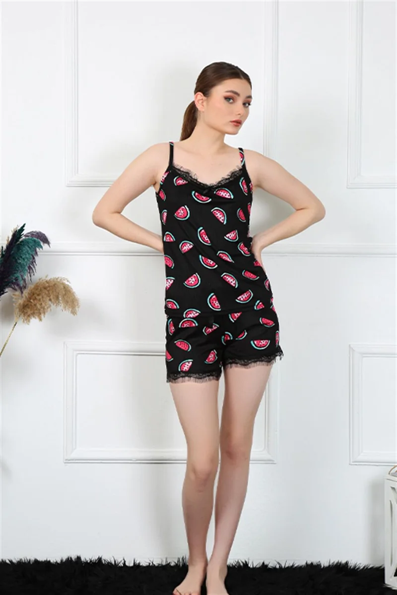 Akbeniz Women's Rope Strap Watermelon Patterned Shorts Set 3600