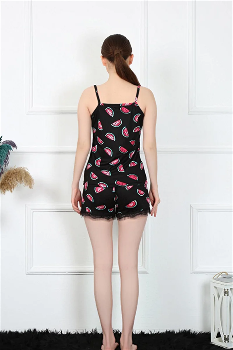 Akbeniz Women's Rope Strap Watermelon Patterned Shorts Set 3600