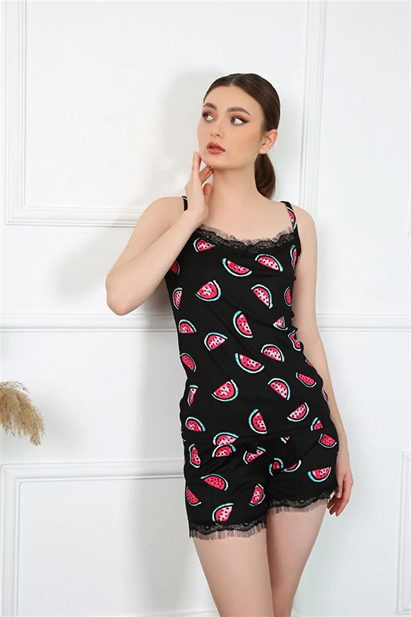 Akbeniz Women's Rope Strap Watermelon Patterned Shorts Set 3600