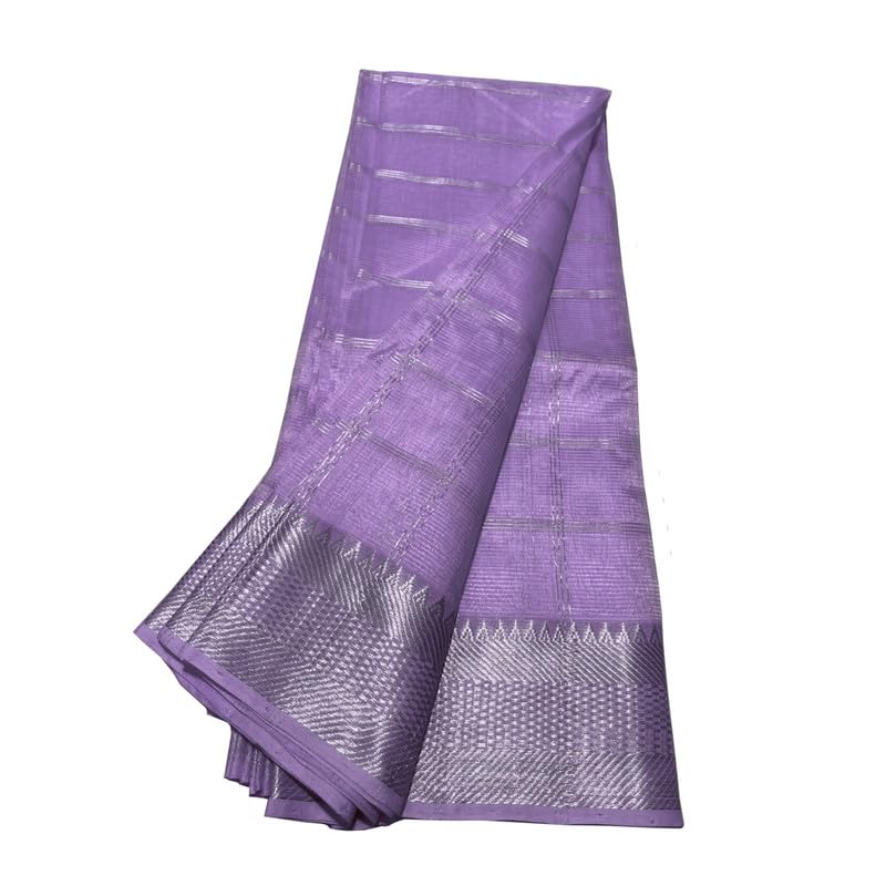 SheenKraft | Women's Handloom Cotton Silk Check Banarasi Saree, Free Size (12456 Lavender_Purple) - Image 4